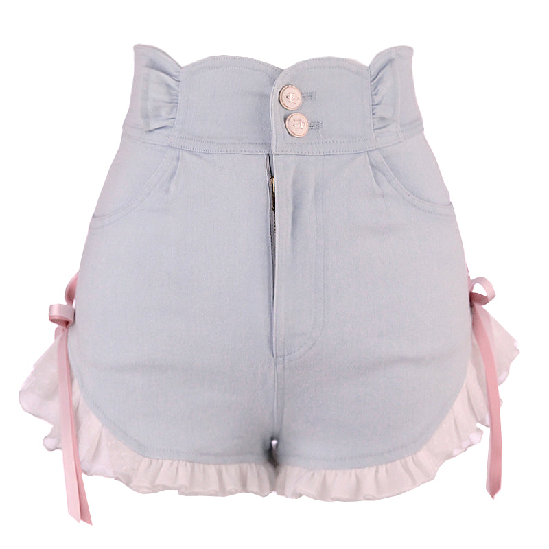 Pink Bow Ruffle High Waist Lace Shorts
