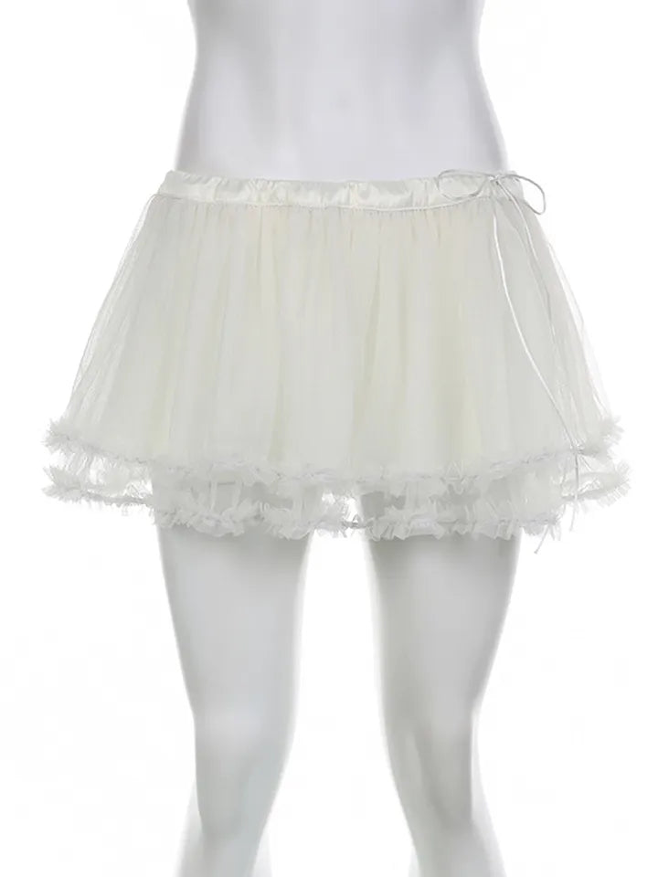 White Mesh Ruffle Mini Skirt
