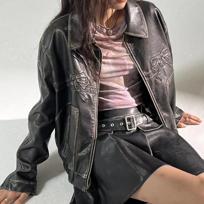 Bow Knot PU Leather Bomber Jacket