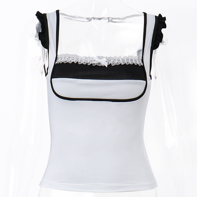 White & Black Patchwork Lace Square Neck Top