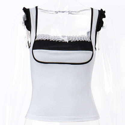 White & Black Patchwork Lace Square Neck Top