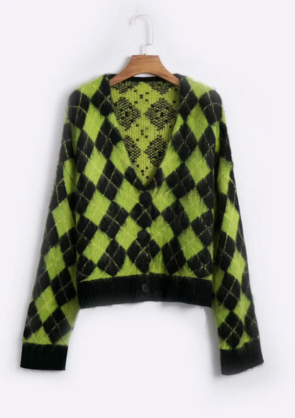 Cute Checkered Vintage Knit Cardigan Sweater Top Shirt Winter Autumn E-Girl Kawaii Korean Japanese Harajuku Chinese Retro Streetwear