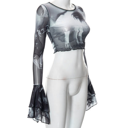 Y2K Punk Print Flare Long Sleeve Top