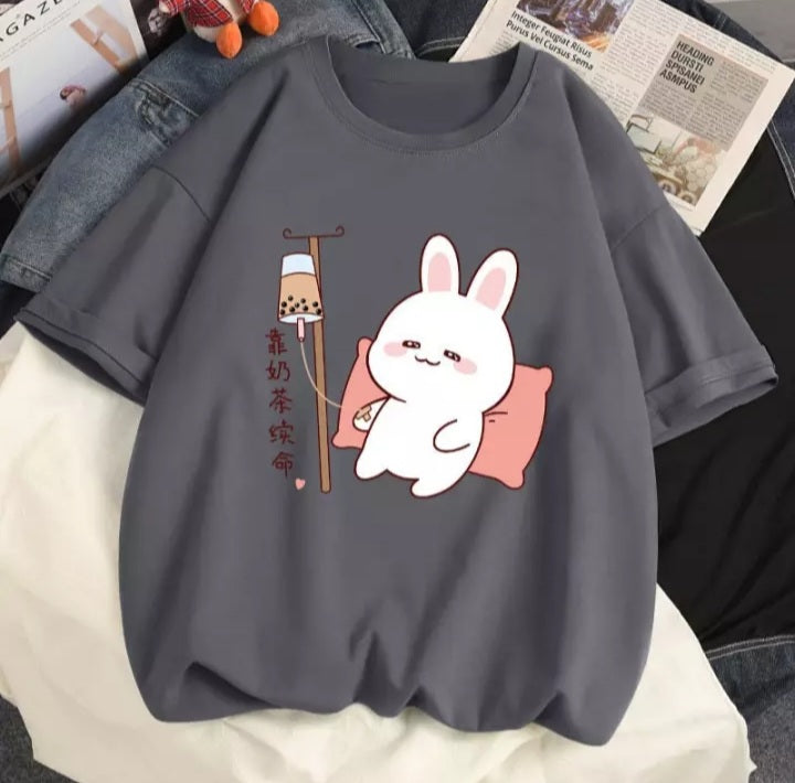 Cute Rabbit Boba Bubble Milk Tea Graphic Cartoon Print Loose Short Sleeve T-shirt Aesthetic Casual Summer E-Girl Kawaii Korean Japanese Harajuku
