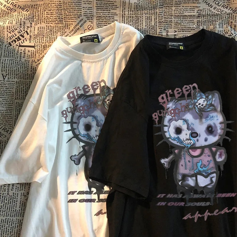 Zombie Anime Cat Print Short Sleeve T-shirt