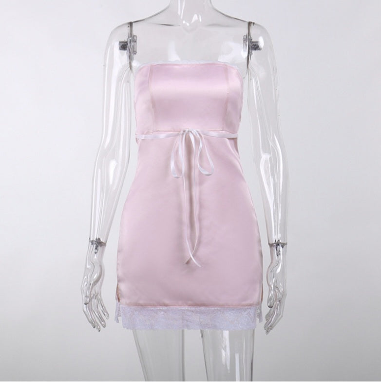 Pink Satin Lace Trim Strapless Dress