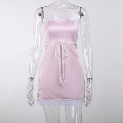 Pink Satin Lace Trim Strapless Dress