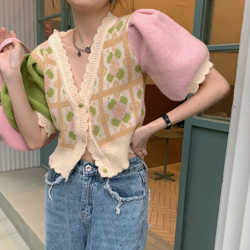 Pastel Flower Patchwork Knit Puff Sleeve Blouse