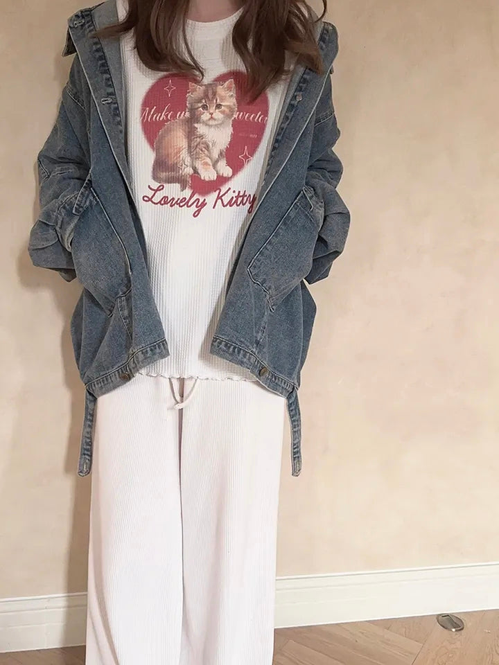 Cat Heart Print Ribbed Long Sleeve Shirt