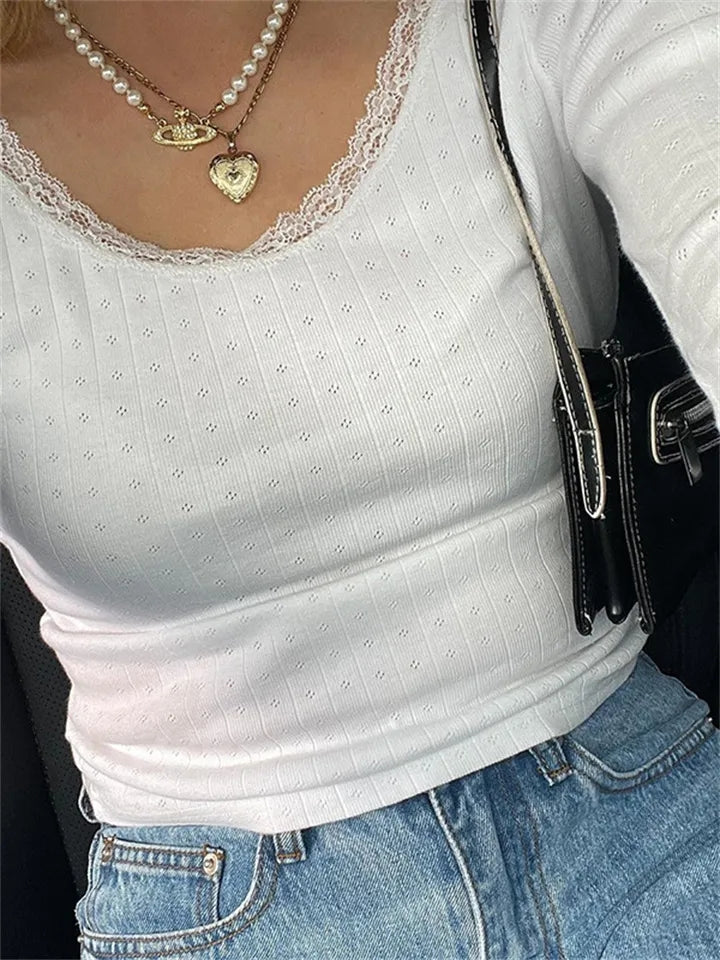 White Ribbed Lace Long Sleeve Shirt