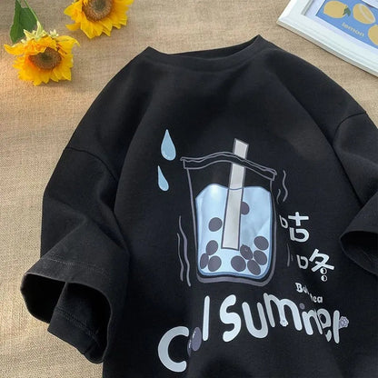 Bubble Milk Tea Print Short Sleeve T-shirt