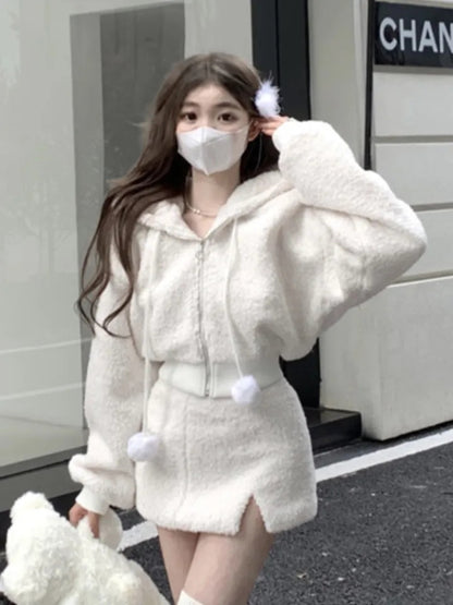 2PCS White Soft Zipper Hoodie + Split Mini Skirt