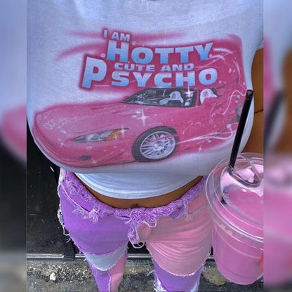 Cute 90s Vintage Hot Pink Car Print White Short Sleeve T-shirt Crop Top Aesthetic Casual E-Girl Kawaii Korean Japanese Harajuku