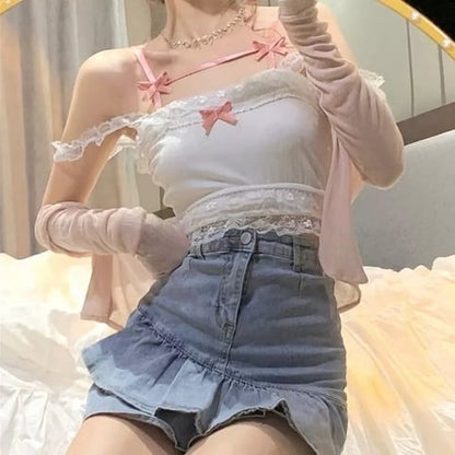 Cute Sweet Lace Bow Sling Crop Top Sleeveless Shirt 90S Summer Aesthetic Casual E-Girl Kawaii Korean Japanese Harajuku