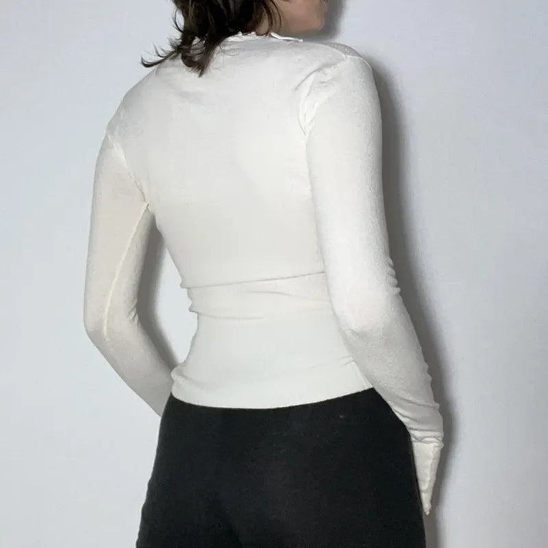 White Lace Trim Square Collar Long Sleeve Shirt