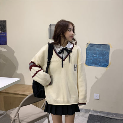 Cute Vintage Preppy V Neck Oversized Sweater Long Sleeve Shirt Pullover Hoodie Sweatshirt E-Girl Kawaii Korean Japanese Harajuku Retro Streetwear