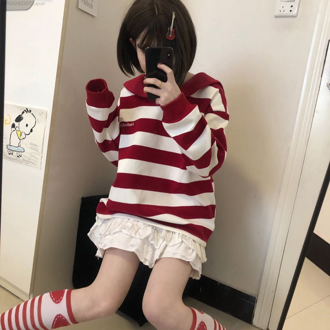 Japanese Anime Collar Stripe Long Sleeve Shirt