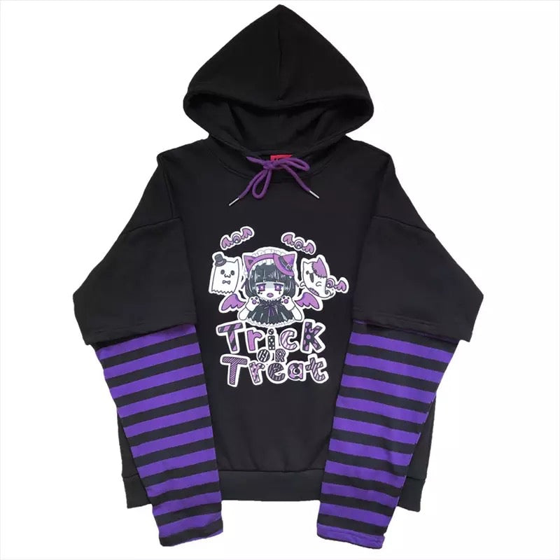 Anime Girl Cartoon Casual Stripe Loose Oversized Hoodie Sweater Sweatshirt Long Sleeve Pullover E-Girl Kawaii Korean Japanese Harajuku Streetwear
