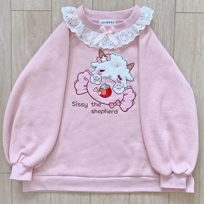 Pink Pastel Lamb Embroidery Lace Sweatshirt Sweater Long Sleeve Shirt Pullover Jumper E-Girl Kawaii Korean Japanese Harajuku Streetwear