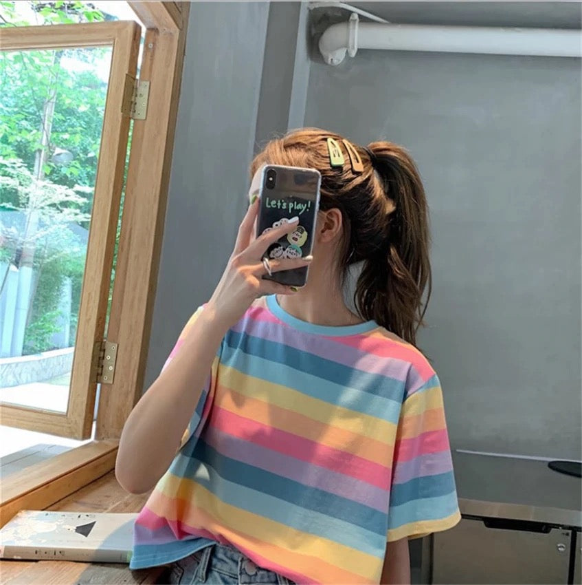 Cute Causal Pastel Rainbow Colorful Stripe Loose Round Neck Short Sleeve Tee Shirt T-shirt Top E-Girl Kawaii Korean Japanese Harajuku Retro Streetwear