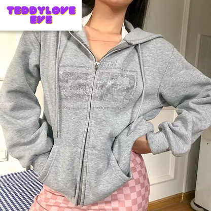 Cute Retro 90s Rhinestone Bling Crystal Zipper Hoodie Long Sleeve Pullover Jumper Sweater Aesthetic E-Girl Kawaii Korean Japanese Harajuku Streetwear