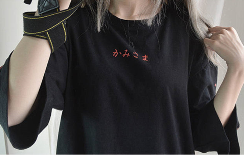 Fox Anime Cartoon Print Vintage Black T-shirt Short Sleeve Tee Shirt Causal Summer Top E-Girl Kawaii Korean Japanese Harajuku Streetwear