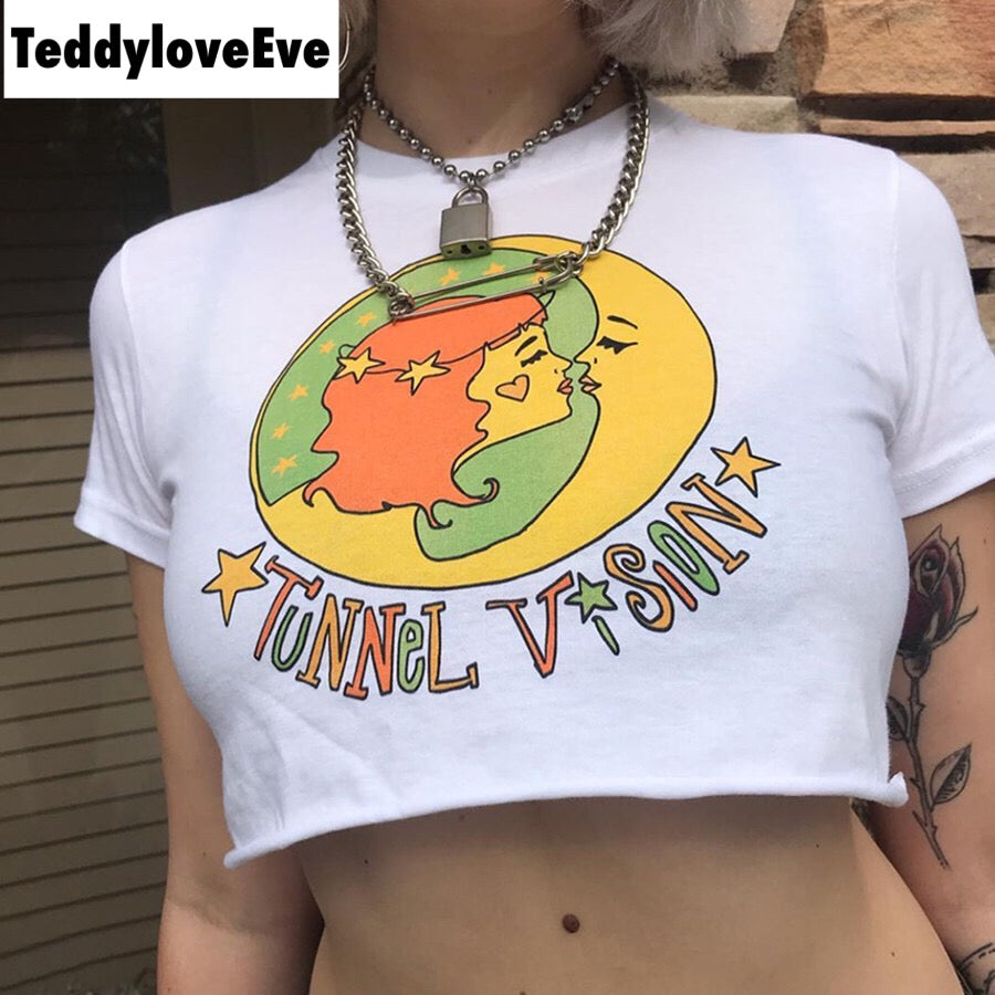Cute White Girl Cartoon Moon Star Casual Crop Short Sleeve Shirt Tee T-shirt E-Girl Kawaii Korean Japanese Harajuku Chinese Retro Streetwear Aesthetic