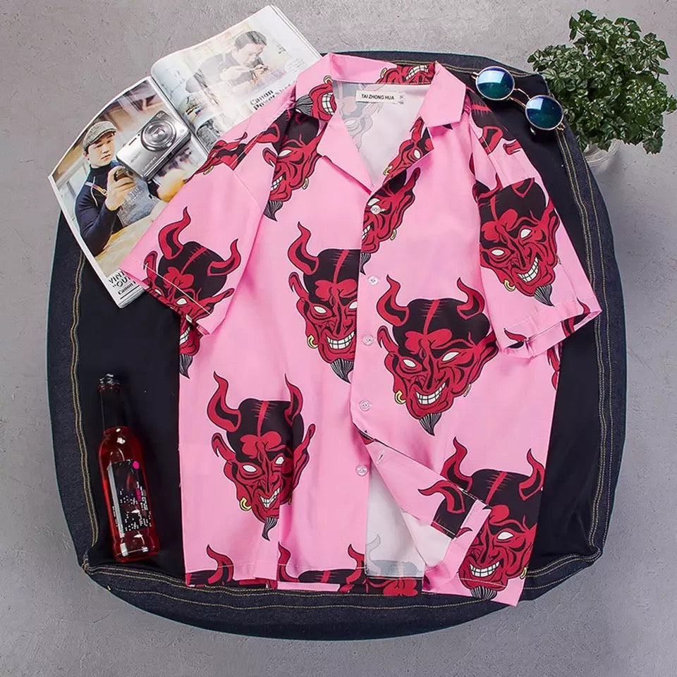 Summer Pink Purple Devil Print Button Down Casual Loose Short Sleeve Tee Shirt T-shirt Top E-Girl Kawaii Korean Japanese Harajuku Streetwear