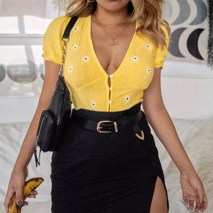 Cute Yellow Flower Embroidery Button V Neck Short Sleeve Shirt Crop Top Cardigan Summer Aesthetic E-Girl Kawaii Korean Japanese Harajuku Streetwear