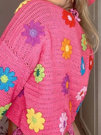 Pink Flower Crochet Top + Flare Sleeve Sweater