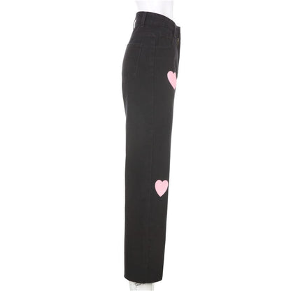 Cute Vintage Pink Heart Print Black Denim Jeans Straight High Waist Long Trouser Pants Autumn Casual E-Girl Kawaii Korean Japanese Harajuku Streetwear