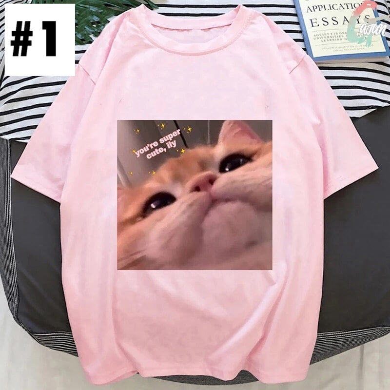 Cute Pink Funny Cat Kitten Meme Cartoon Print Loose Short Sleeve Short T-shirt Tee Top Summer Casual E-Girl Kawaii Korean Japanese Harajuku Streetwear