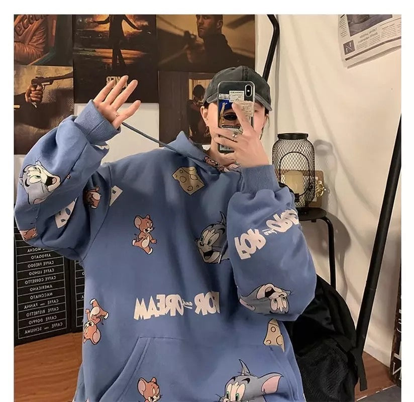 Cute Funny Cat Mouse Print Cartoon Oversized Loose Hoodie Sweatshirt Pullover Sweater Casual E-Girl Kawaii Korean Japanese Harajuku Streetwear