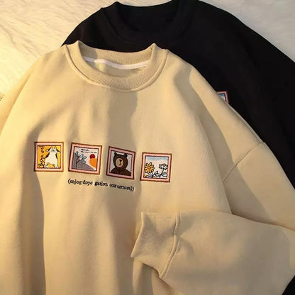 Cute Picture Frame Embroidery Velvet Thick Round Neck Sweatshirt Oversize Hoodie Pullover Sweater E-Girl Kawaii Korean Japanese Harajuku Streetwear