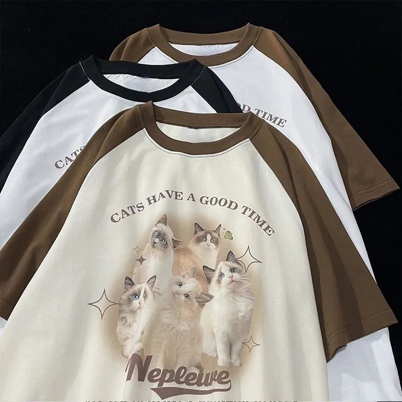 Graphic Cat Print Short Sleeve T-shirt