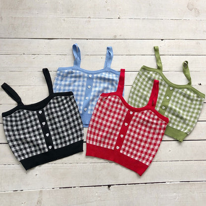 Cute Sexy Sweet Knit Plaid Checkered Botton Cami Crop Top Shirt Tee T-shirt E-Girl Kawaii Korean Japanese Harajuku Chinese Retro Streetwear Aesthetic