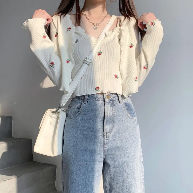 2PCS Floral Print Knit Camisole + Cardigan