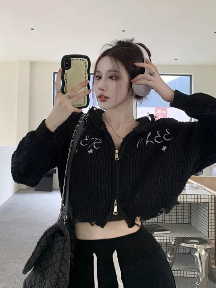 Black Hollow Out Cropped Zipper Jacket