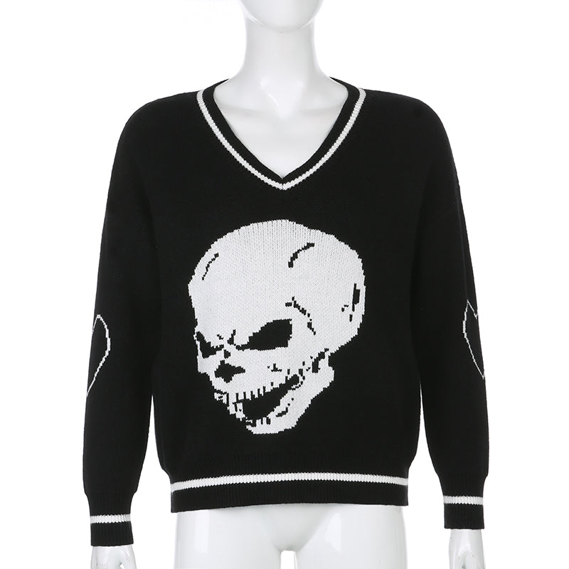 Skull Knit Oversized Loose Sweater Sweatshirt Long Sleeve Pullover Goth Punk Autumn Fall E-Girl Kawaii Korean Japanese Harajuku Streetwear