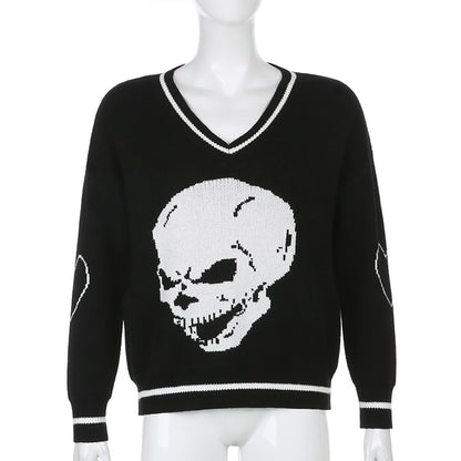 Skull Knit Oversized Loose Sweater Sweatshirt Long Sleeve Pullover Goth Punk Autumn Fall E-Girl Kawaii Korean Japanese Harajuku Streetwear