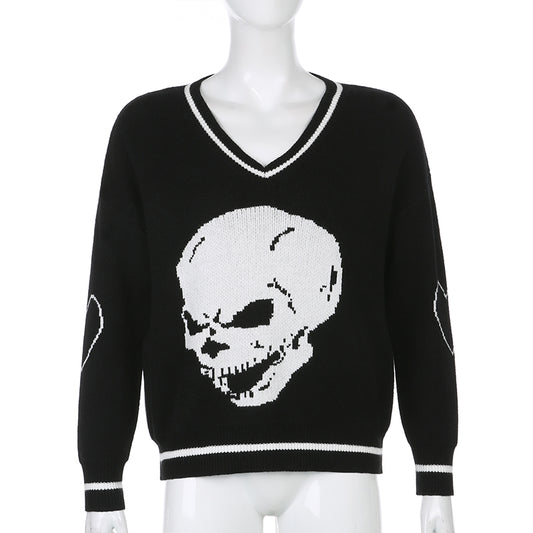Skull Knit Oversized Loose Sweater Sweatshirt Long Sleeve Pullover Goth Punk Autumn Fall E-Girl Kawaii Korean Japanese Harajuku Streetwear