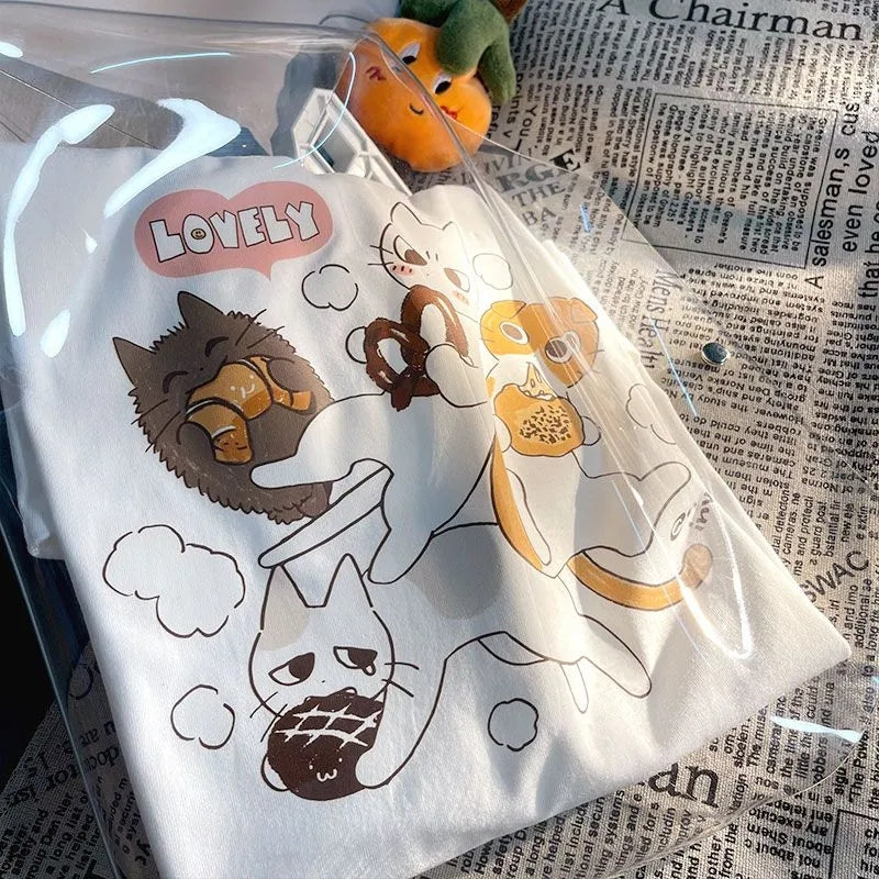 Cat Cartoon Print Short Sleeve T-shirt