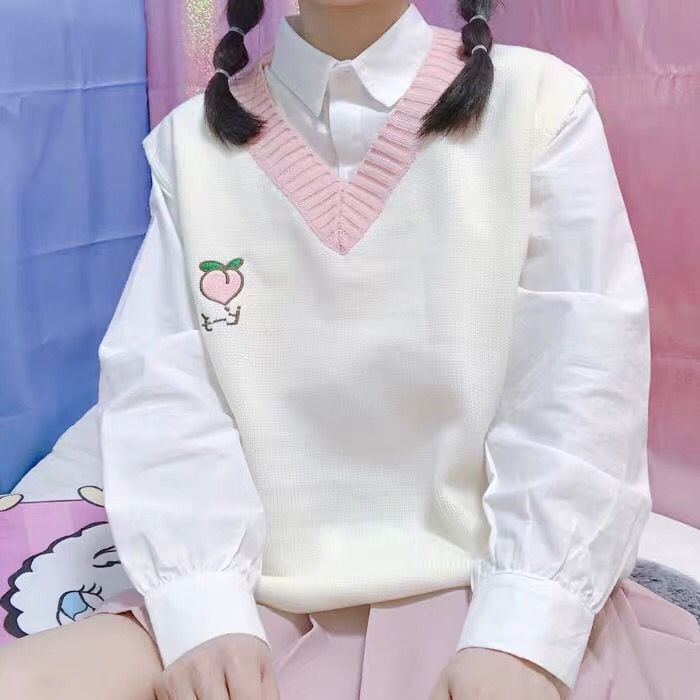 Cute Strawberry Peach Embroidery Knit Vest Sweater Sweatshirt Pullover Long Sleeve Shirt Casual E-Girl Kawaii Korean Japanese Harajuku Streetwear