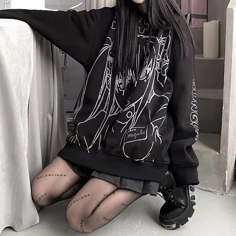 Cute Black Goth Anime Hoodie Grunge Loose Long Sleeve Shirt Aesthetic Casual E-Girl Kawaii Korean Japanese Harajuku
