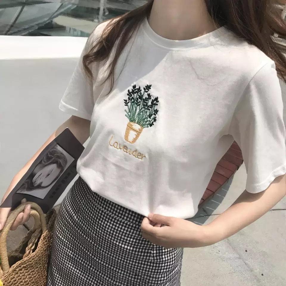 Cute Summer Lavender Plant Flower Embroidery White Loose Casual Short Sleeve Tee Shirt T-shirt Top E-Girl Kawaii Korean Japanese Harajuku Streetwear