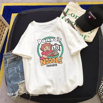 Vintage Anime Ramen Noodle Cartoon Print Loose White Short Sleeve Short T-shirt Top Causal Summer E-Girl Kawaii Korean Japanese Harajuku Streetwear