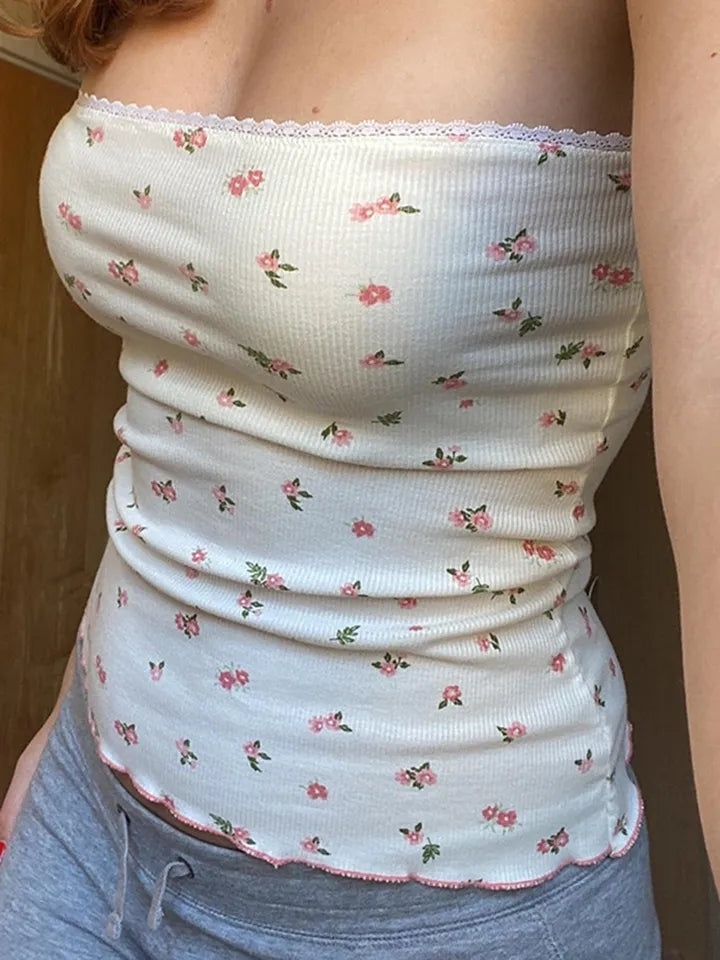Pink Floral Lace Frill Tube Top