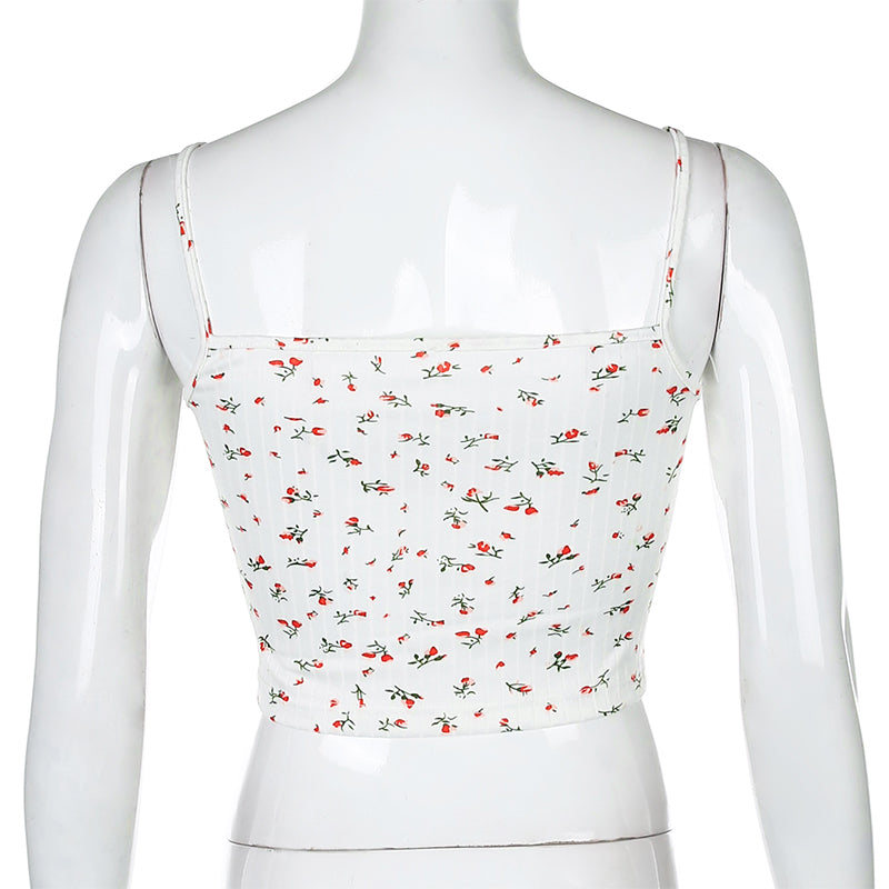 Cute Floral Print Lace Spaghetti Strap Camisole Crop Top Shirt Tee T-shirt E-Girl Kawaii Korean Japanese Harajuku Chinese Retro Streetwear Aesthetic