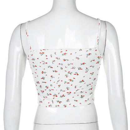 Cute Floral Print Lace Spaghetti Strap Camisole Crop Top Shirt Tee T-shirt E-Girl Kawaii Korean Japanese Harajuku Chinese Retro Streetwear Aesthetic