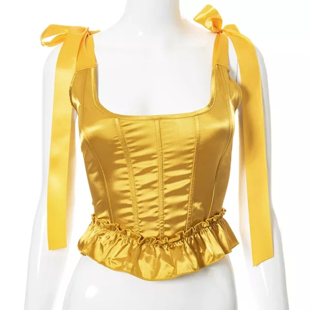 Cute Lace Ribbon Bow Tie Solid Square Collar Patchwork Sleeveless Corset Top Summer Aesthetic Casual E-Girl Kawaii Korean Japanese Harajuku